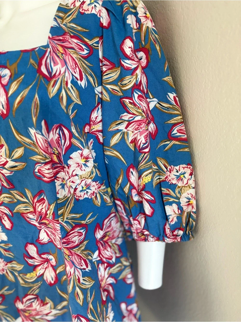 a new day Teal-Blue Floral Square-Neck Mini Dress with Pink Blooms